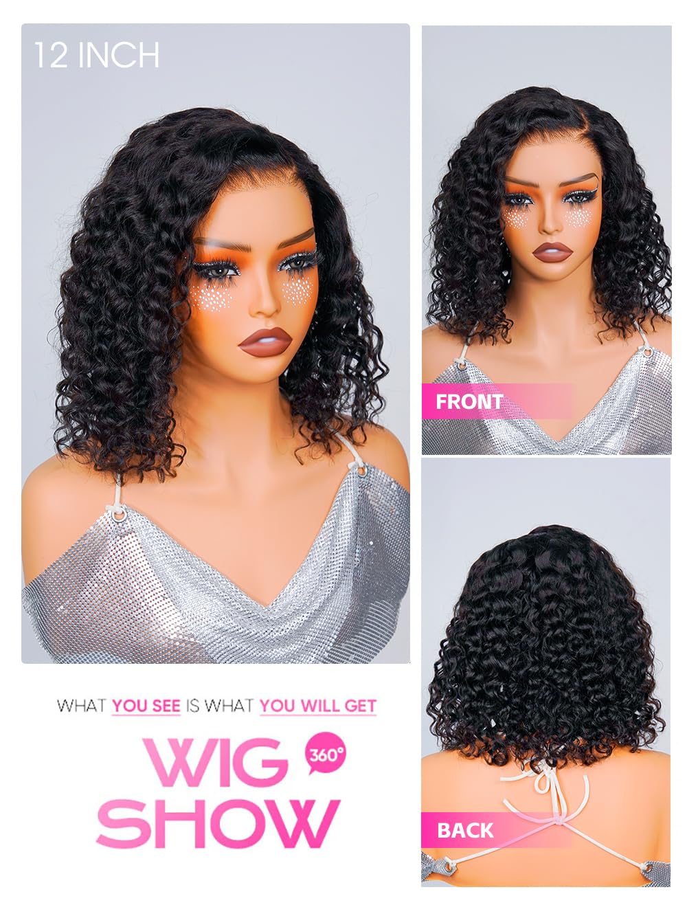 BLY Water Wave Bob Wig Human Hair 7x5 C Part Transparent Lace Wear and Go Glueless Wig Pre Cut Pre Bleached Knots 180% Density Short Wig for Women Natural Black 14 Inch