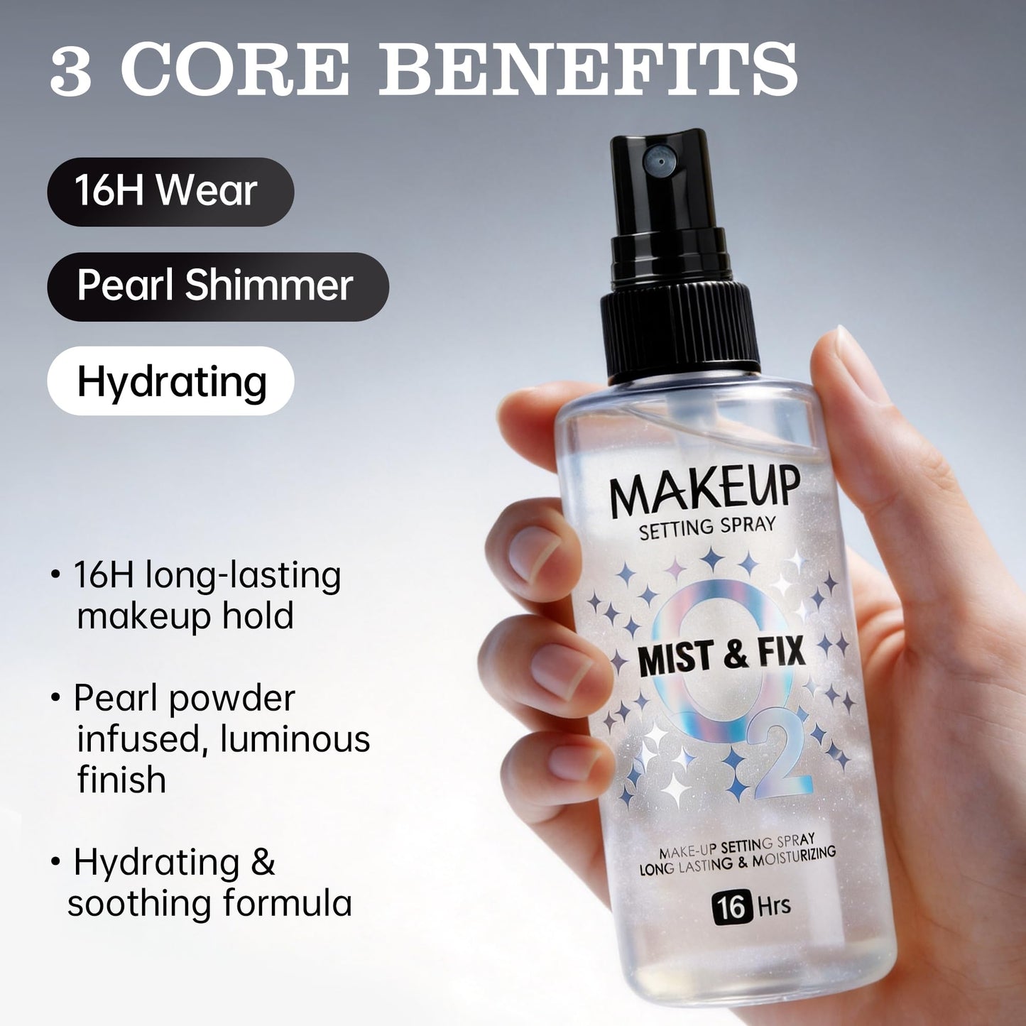 Setting Spray for Makeup, 16 Hr Long Lasting Fixing Spray Waterproof Transfer Resistant, Lightweight Hydrating Setting Mist with Shimmer Dewy Finish, Face Primer Make Up for All Skin Types, 3.72 Fl Oz
