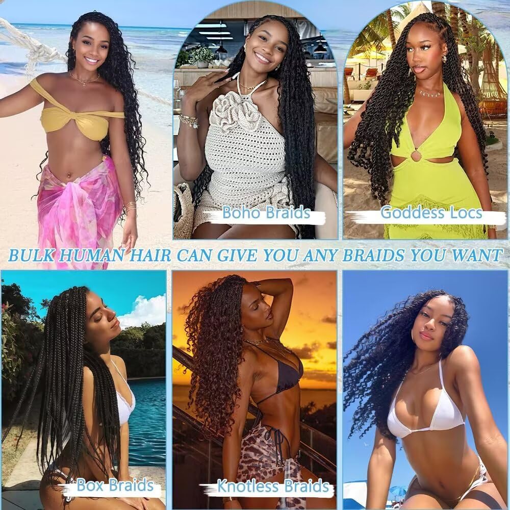 Boho Braiding Hair - 150g 20-Inch Curly Deep Wave Human Hair Bundles | 6-Pack Natural Color