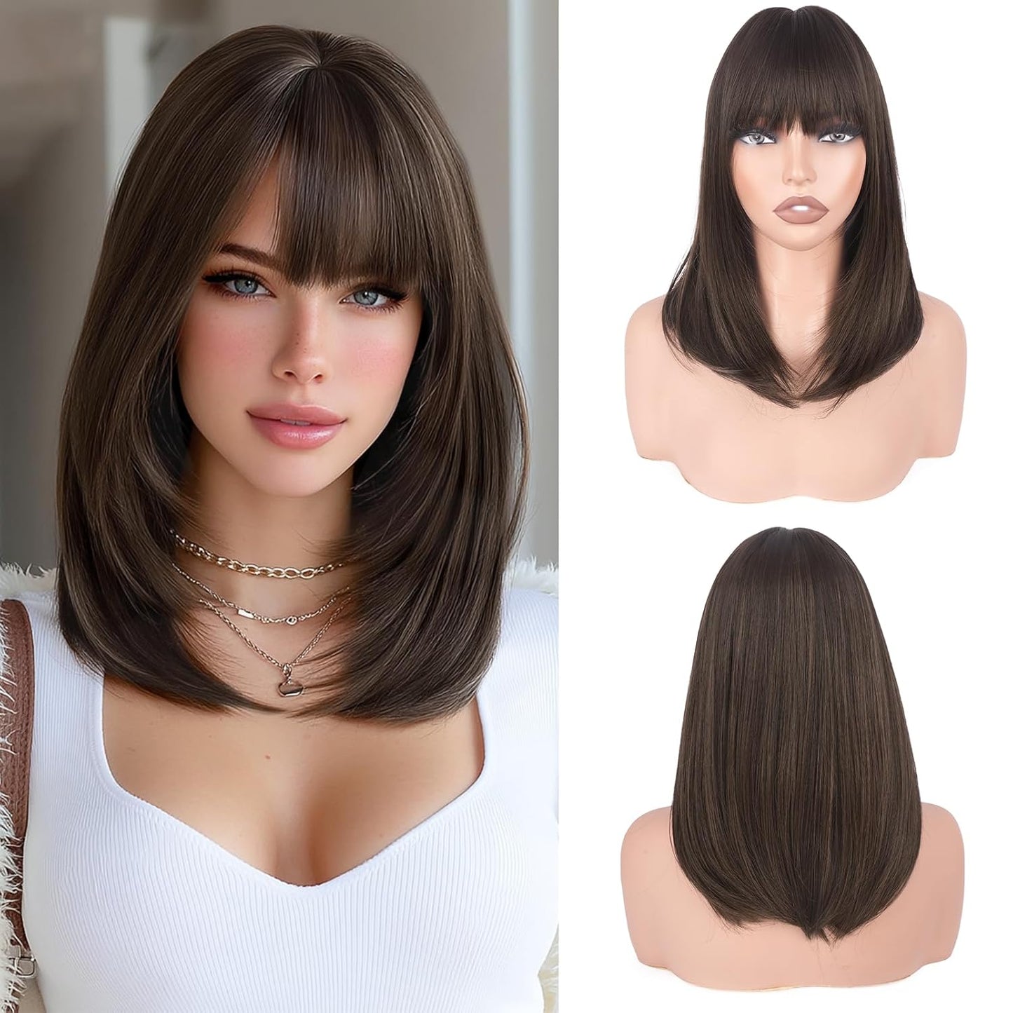 Blonde Bob Wigs with Bangs - Shoulder Length Straight Synthetic Hair | 16 Inch Platinum Blonde