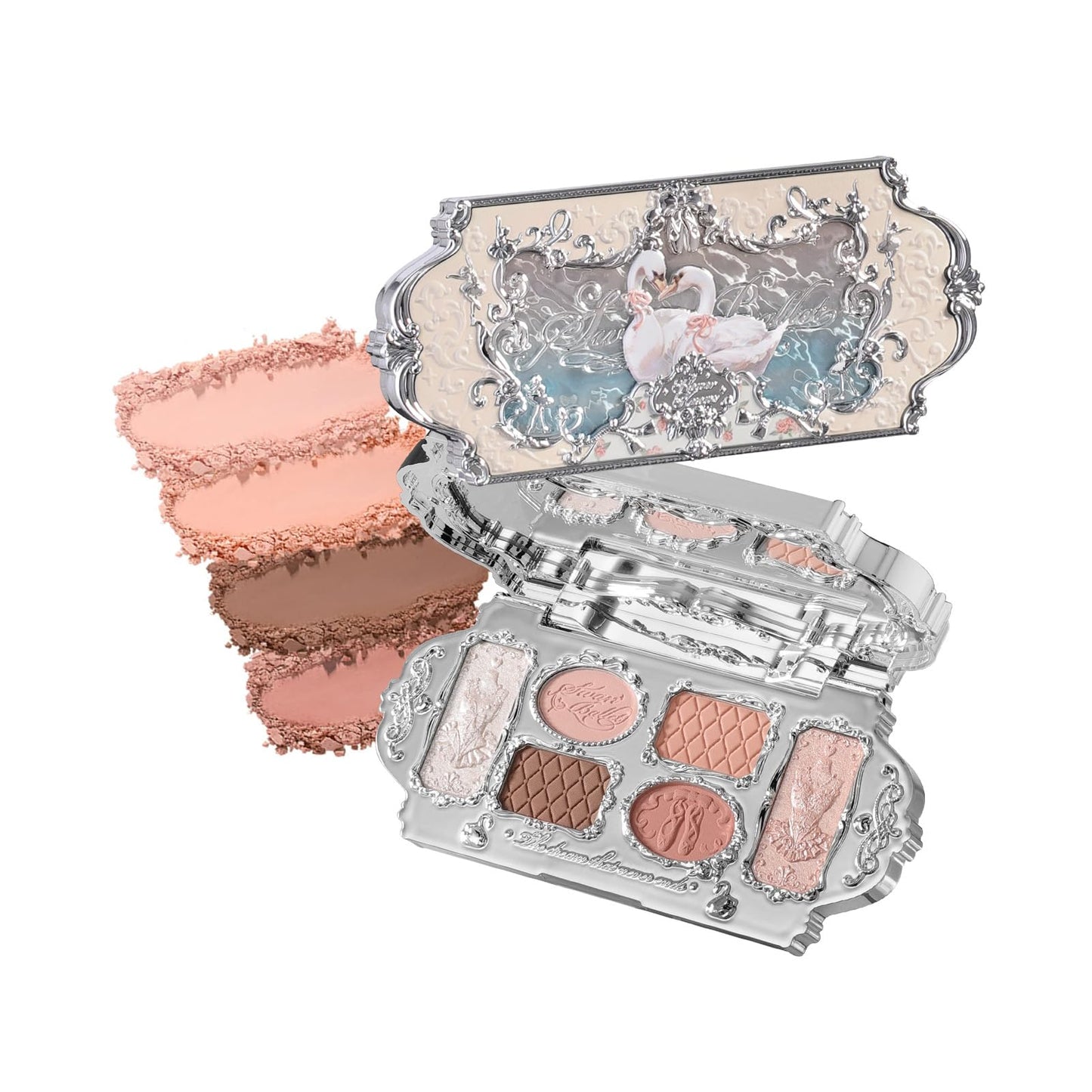 Flower Knows Swan Ballet Six-Color Makeup Palette,Neutral Pink Face Makeup Palette with 4 Matte + 2 Shimmer Shades,Blendable Smooth Cute Make Up,0.23 Oz(01 White Swan)