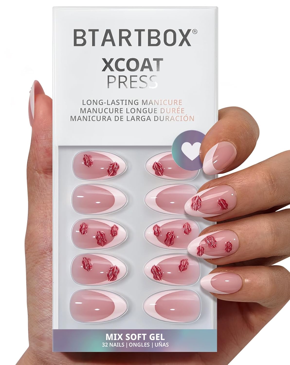 French Tip Press On Nails - Sunprint Dress | Lamp-Curable 4-Week Wear, Pink Short Almond, 16 Sizes, 32 Nails Kit