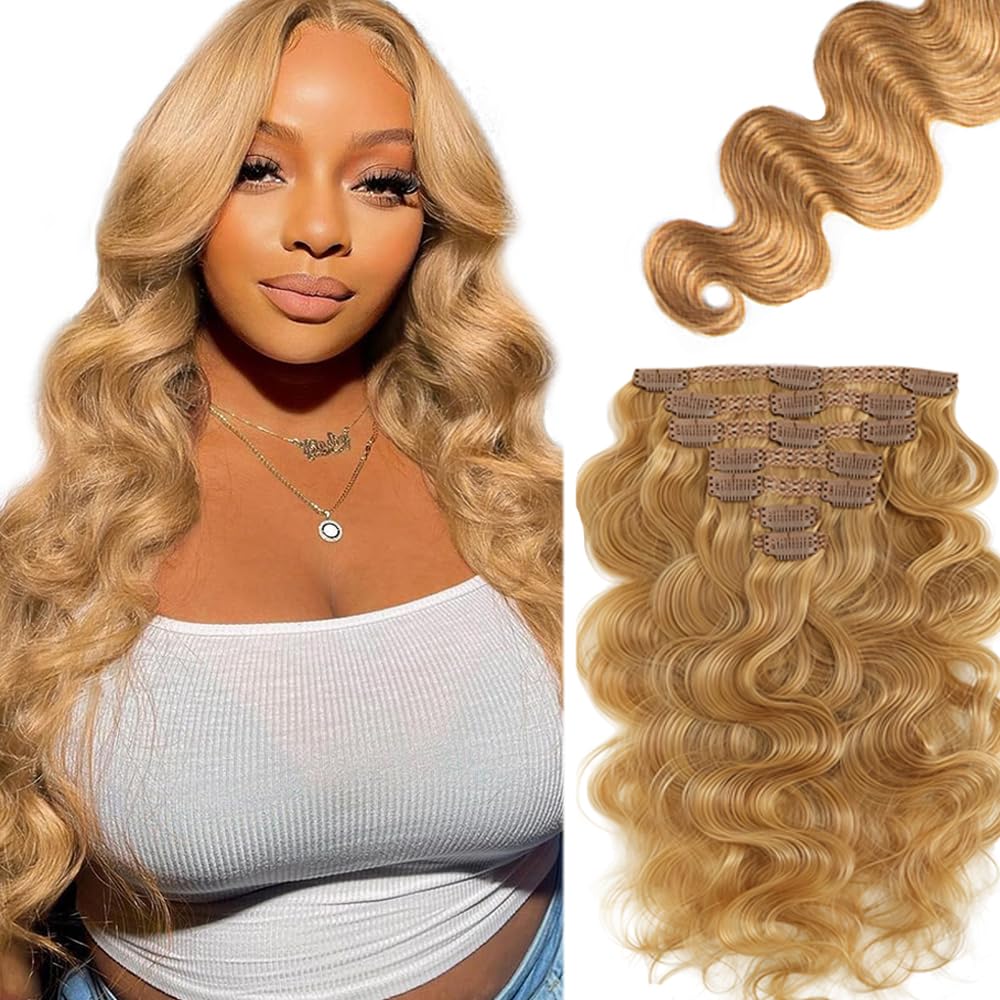 #27 Blonde Clip in Hair Extensions Real Human Hair, 22 Inch 120g/7Pcs,Full Shine Remy Human Hair,Honey Blonde Body Wave Clip ins Brazilian Virgin Human Hair Extensions