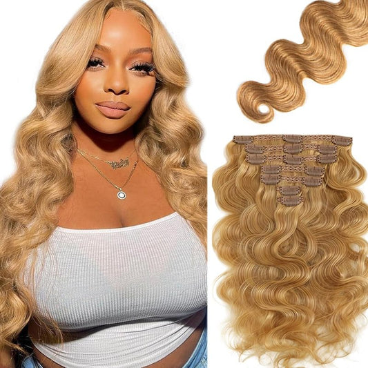 #27 Blonde Clip in Hair Extensions Real Human Hair, 22 Inch 120g/7Pcs,Full Shine Remy Human Hair,Honey Blonde Body Wave Clip ins Brazilian Virgin Human Hair Extensions