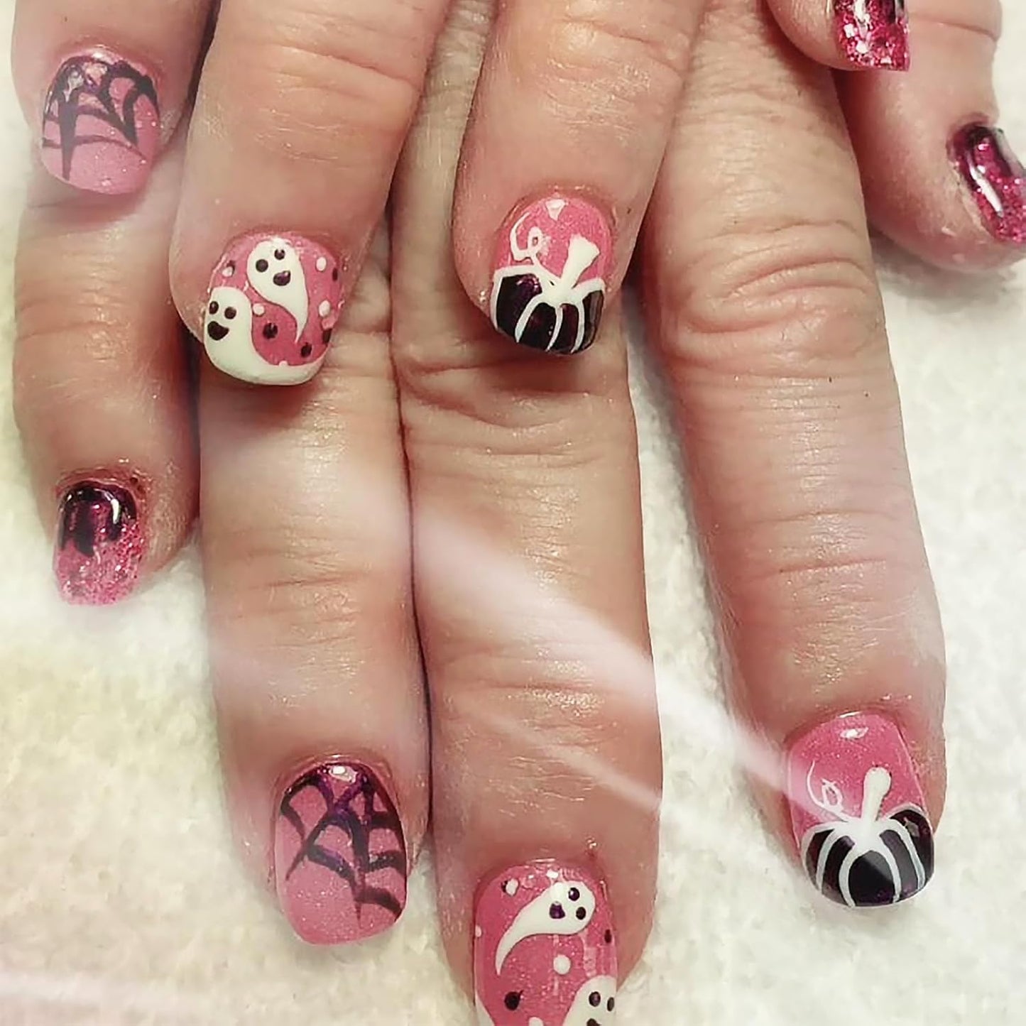 French Tip Press-On Nails - 24 Pcs Medium Almond with 3D Flower & Gold Rhinestones | Full Cover Nude Artificial Nails