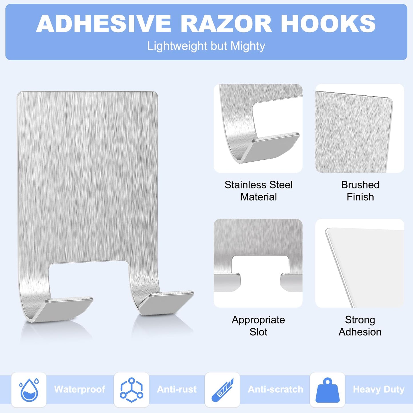 VIS'V Adhesive Razor Holder, Wall Mount Shower Razor Hooks for His and Hers, Metal, Waterproof, Silver, 2 Pcs