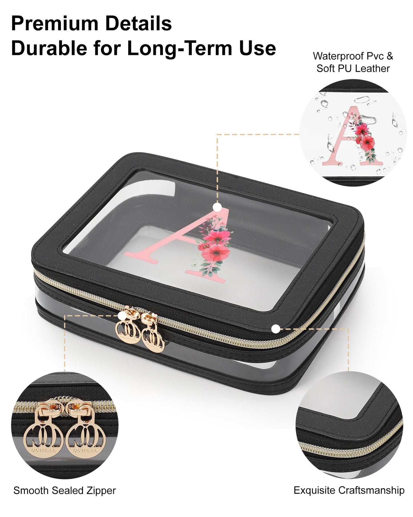 Relavel Personalized Initial Clear Makeup Bag, PU Leather Waterproof Travel Toiletry Bag with Zipper, Portable Skincare Pouch Car Organizer Bag, Idea Gifts for Women Girls, Black L