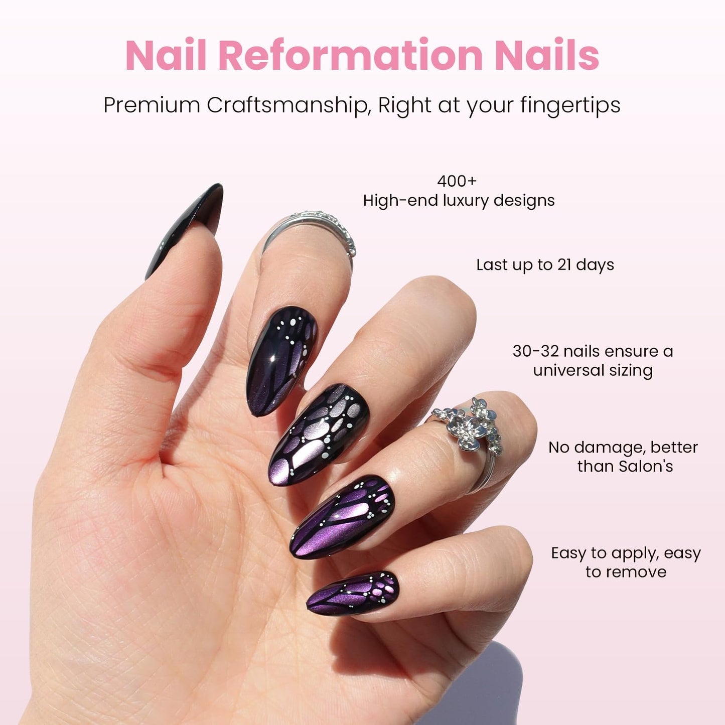 Nail Reformation Press On Nails, Purple Mariposa | Medium Almond Fake Nails with Purple Cat Eye & Butterfly Wing in Glossy Finish, Reusable Stick On Nails in 15 Sizes - 30 Nail Kit for Women Gifts