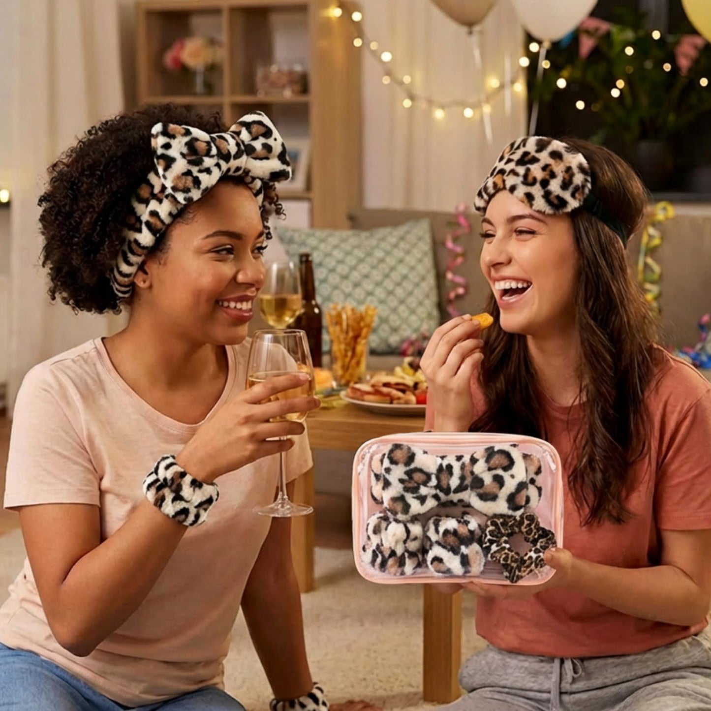 Hoteam 10 Pcs Slumber Party Supplies for Women Spa Sleepover Party Favor Spa Headband Wristband Sleep Eye Mask Velvet Scrunchies for Skin Care Makeup Slumber Night Favor(Leopard Print)