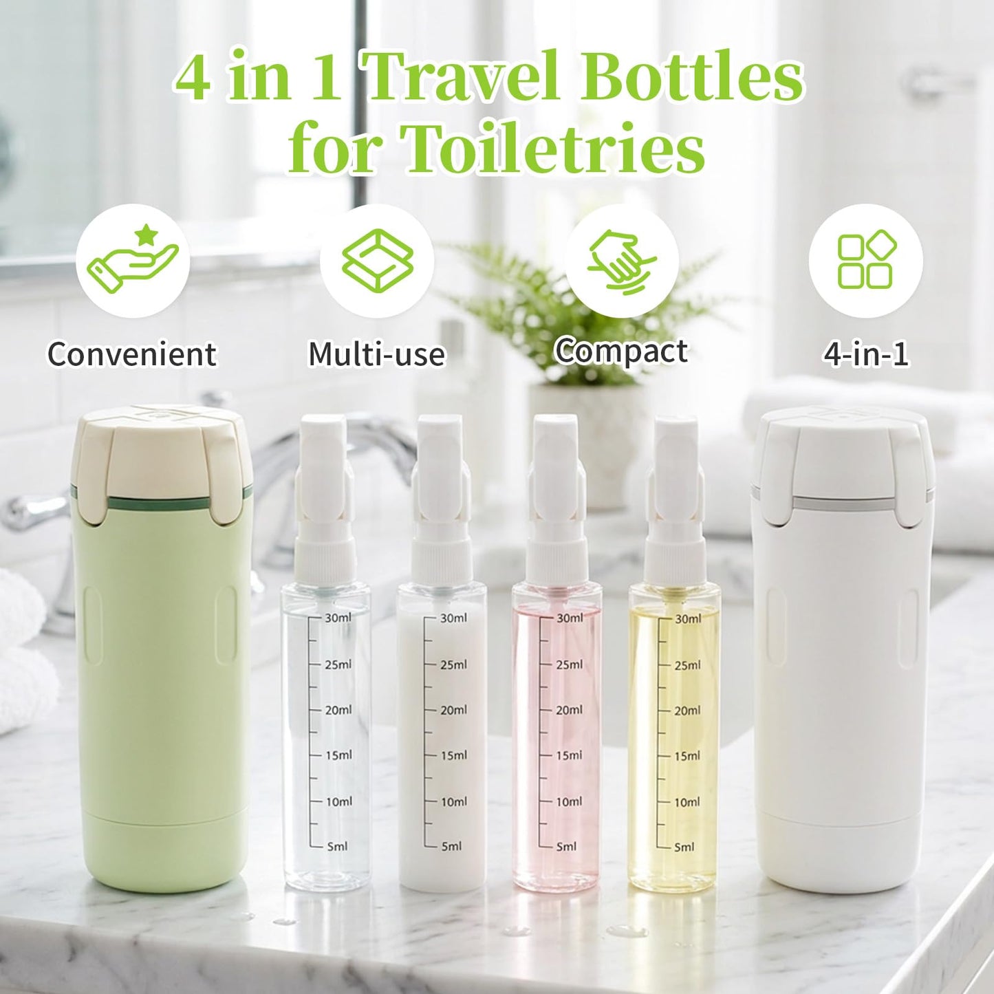 ZRWQTMMMJ 4 in 1 Travel Dispenser Bottle Set - 30ml x4 TSA Approved Leak Proof Airless Pump Bottles, Refillable Small Containers for Shampoo Lotion, Portable Travel Toiletries for Carry On (Green)