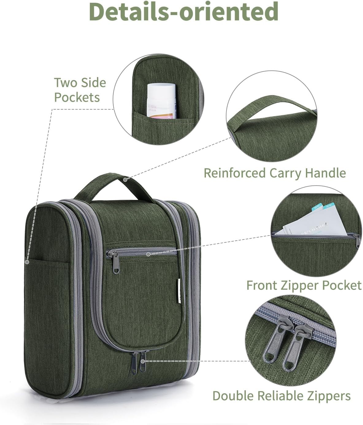 Travel Toiletry Bag - Small Hanging Cosmetic Organizer for Men & Women | Medium, Army Green