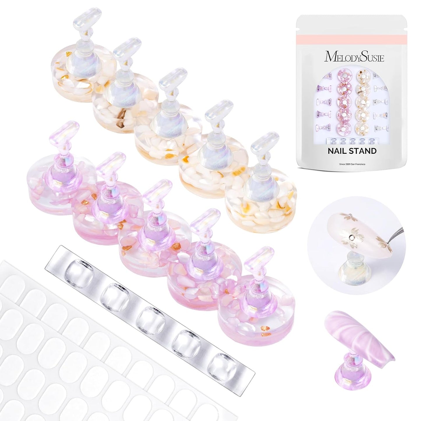 MelodySusie Nail Stand - White Shiny Acrylic Display with Brush Holder & 100 Reusable Double-Sided Tapes | Perfect for DIY Nail Art