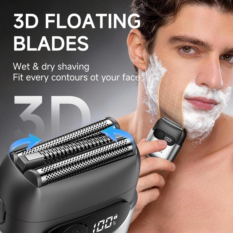 Electric Foil Shavers for Men,Mini Electric Razor with Storage Bag,3 Floating Blades,Portable mini Shaver,IPX7 Waterproof,Wet Dry Face Razor,USB-C (Silver)