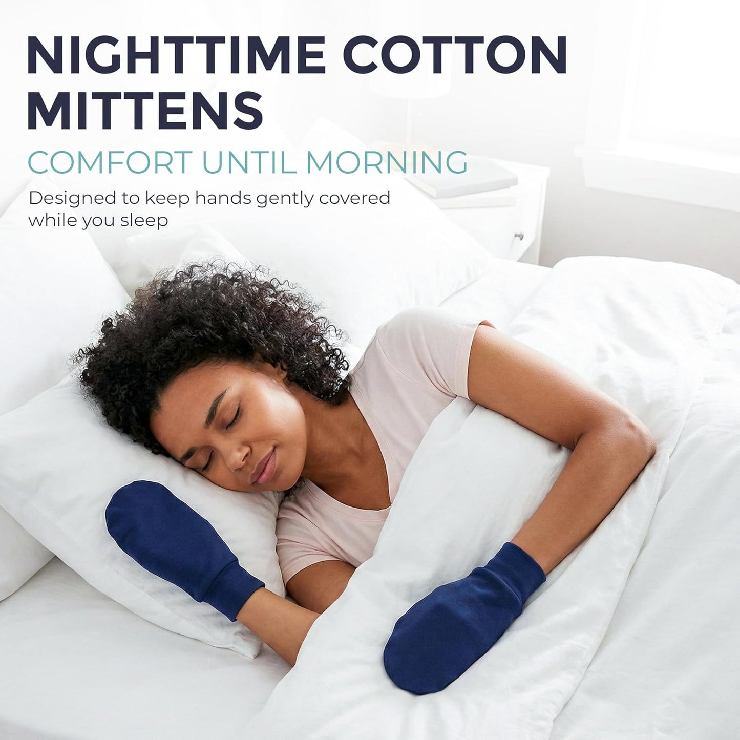Organic Cotton Eczema Mittens for Adults - Anti-Scratch Nighttime Gloves with Adjustable Strap | Reusable & Washable, Navy, Medium