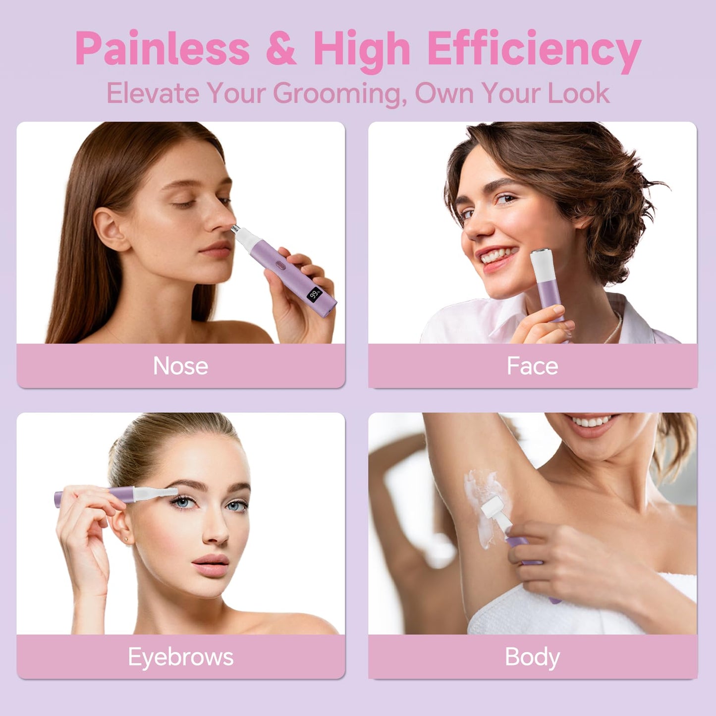 RUIM Electric Nose Hair Trimmer for Women, 4-in-1 Painless Facial Grooming Kit with Eyebrow Trimmer, Nose & Ear Trimmer, Facial Shaver - USB-C Rechargeable, Waterproof, LED Display