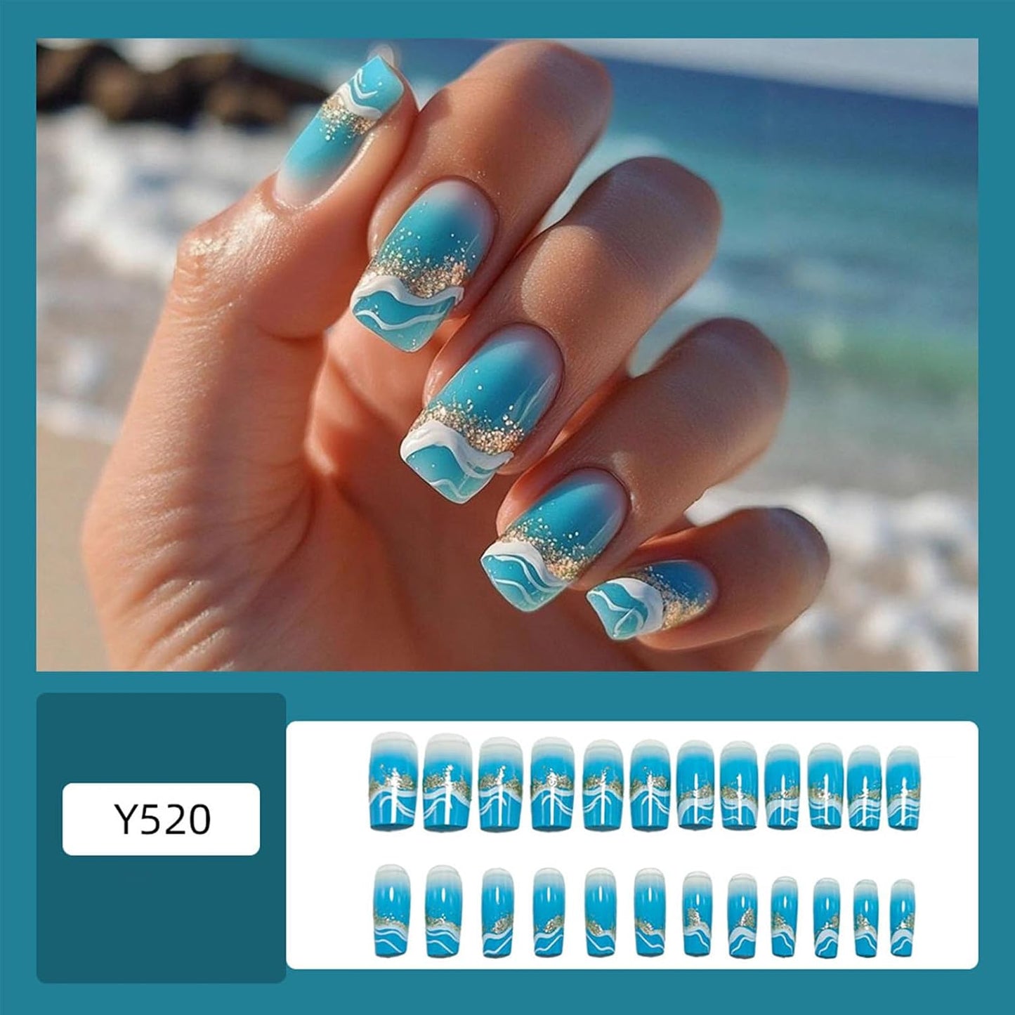 Medium Square Blue Wave Press-On Nails - Glossy Gradient Glitter Design | 24 Reusable Summer Nails for Women