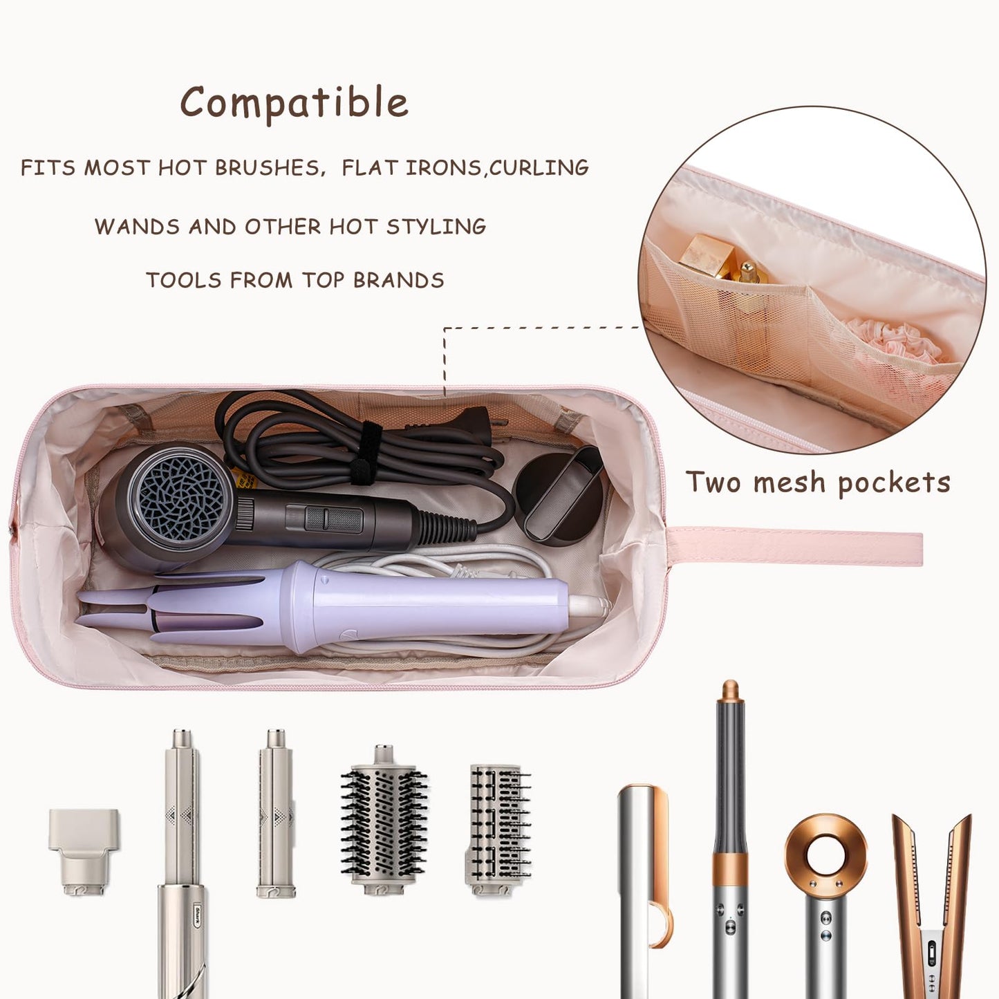 RSRSLEII Large Quilted Hair Tools Travel Bag with Bow Pattern,Waterproof Hair Styling Accessories Storage Case for Shark FlexStyle, Dyson Airwrap Hair Dryer, Curling Iron, Revlon Hair Tools(Beige)