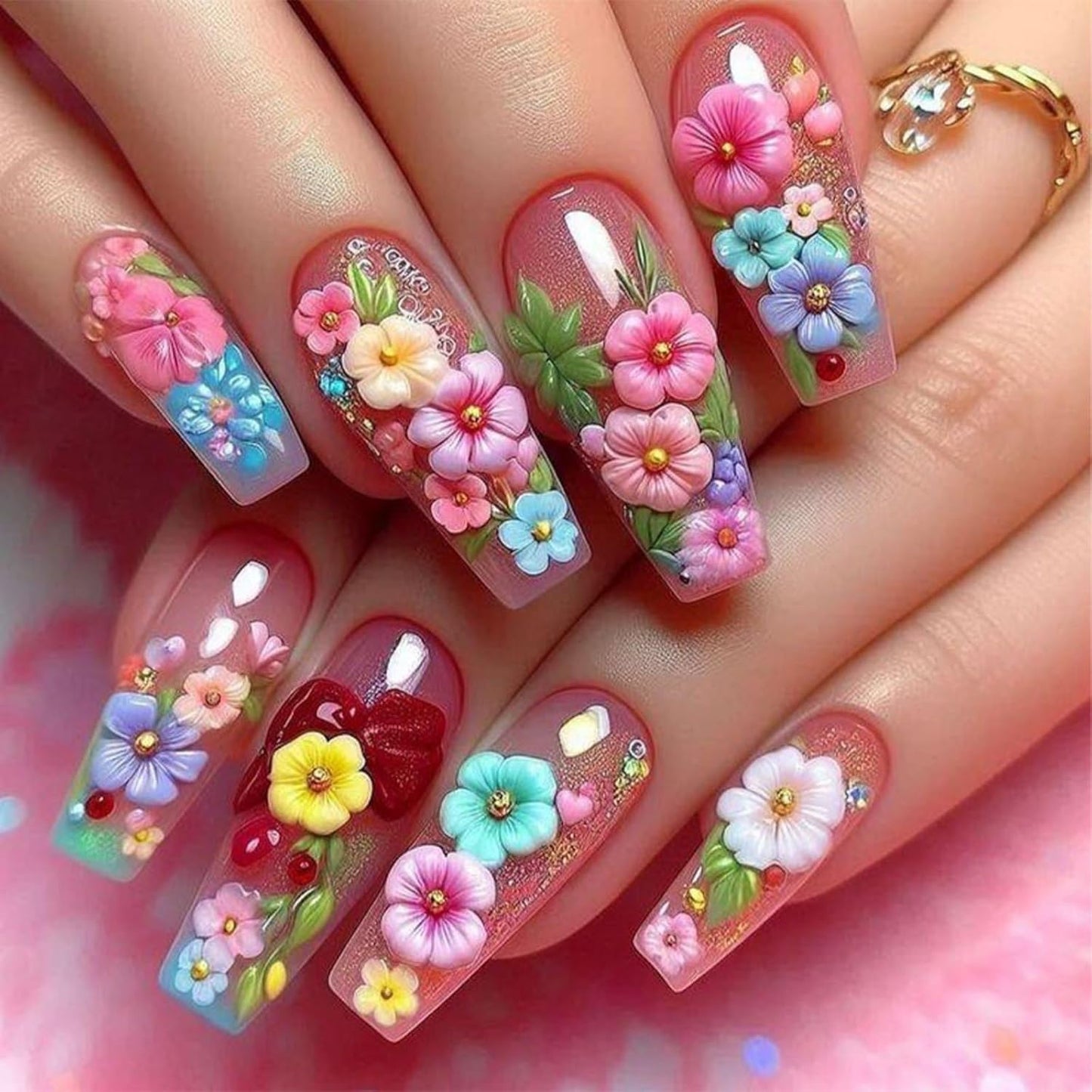 Colorful Press-On Nails - Short Square Acrylic Nails with Gradient Rainbow & White Dots | Full Cover DIY Manicure