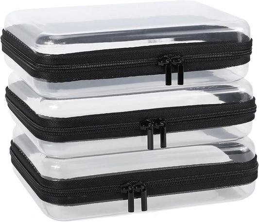 Clear Hard Shell Zipper Case - 3 Pack Waterproof Makeup Organizer | Medium Size Black Travel Toiletry Bag