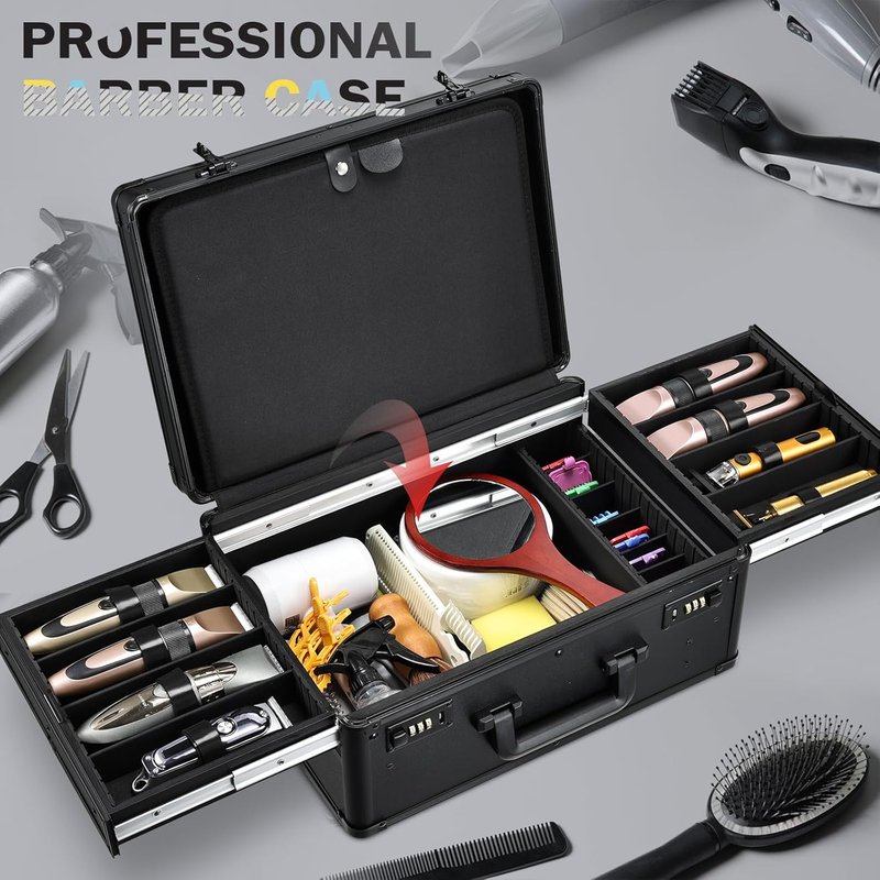 Barber Tool Case - Professional Organizer with Sliding Tray | Durable Hard Travel Briefcase for Clippers & Scissors