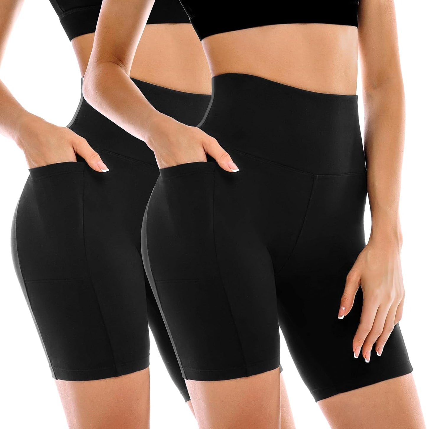 High Waisted Tummy Control Biker Shorts for Women - 2 Pack with Pockets | Yoga & Workout Gear