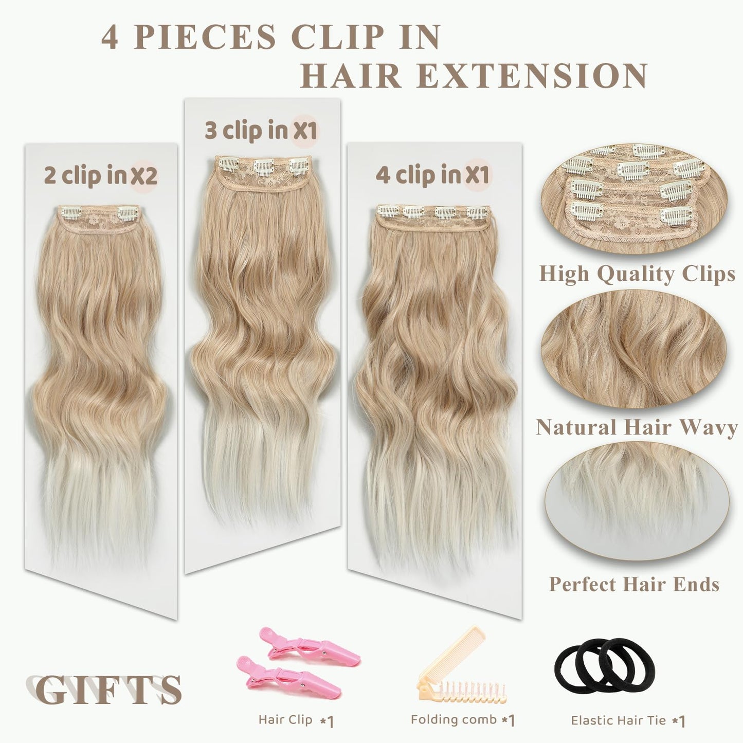 NAYOO Ombre Platinum Blonde Clip in Long Wavy Hair Extensions for Women 4PCS Curly Synthetic Thick Hairpieces with Fiber Double Weft Hair Full Head（20 inch, Ombre Platinum Blonde）