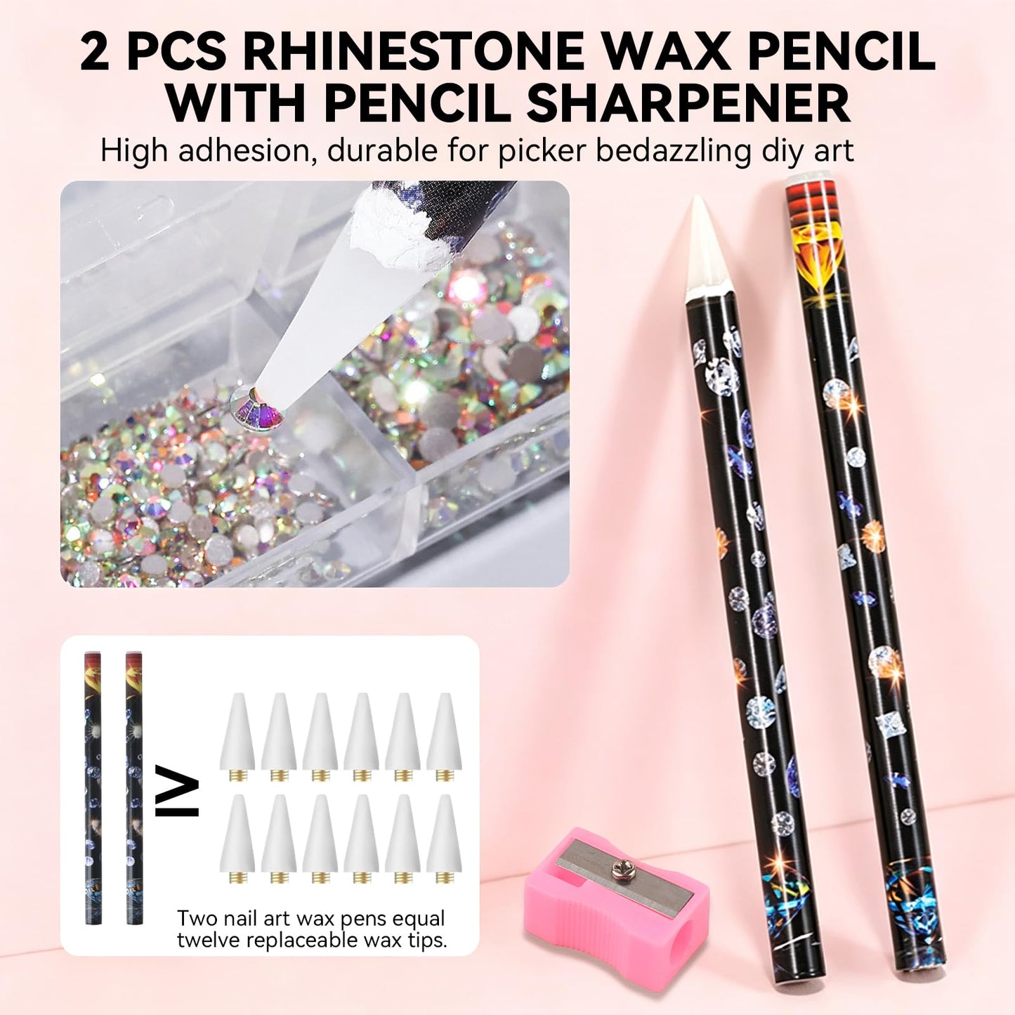 ESUOHYM 9 PCS Rhinestone Picker Tool Set, Refillable Wax Pencil for Rhinestones Bedazzling Pen Gems Picker Up Tools Diamond Art Tray Tweezers With Silicone Press Heads, Nail Art Tools for Diy Design