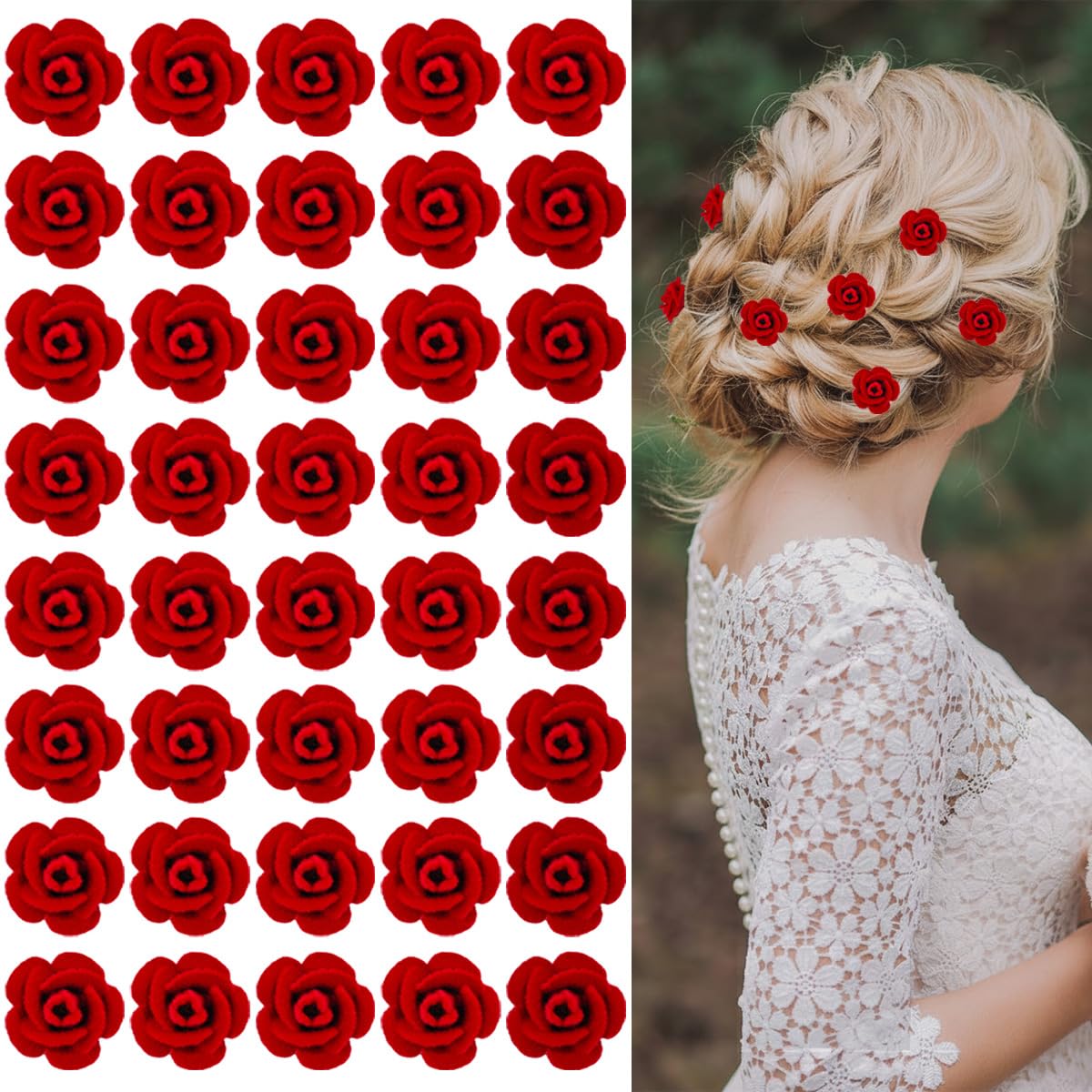 Mini Red Rose Flower Hair Clips - 40 Pcs Cute Floral Hairpins for Weddings, Valentine's Day & Summer