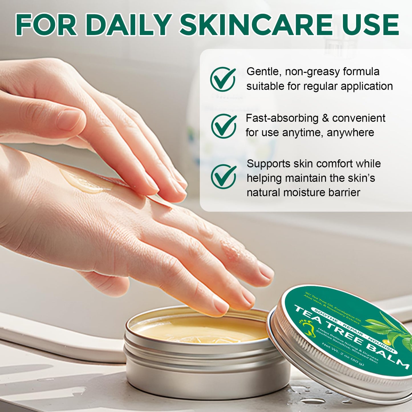Tea Tree Balm for Dry Itchy Skin, Natural Tea Tree Oil Salve for Cracked Heels, Feet, Hands & Body, Moisturizing Herbal Skin Repair Balm with Aloe Vera, Eucalyptus, Green Tea & Vitamin E, 2 oz