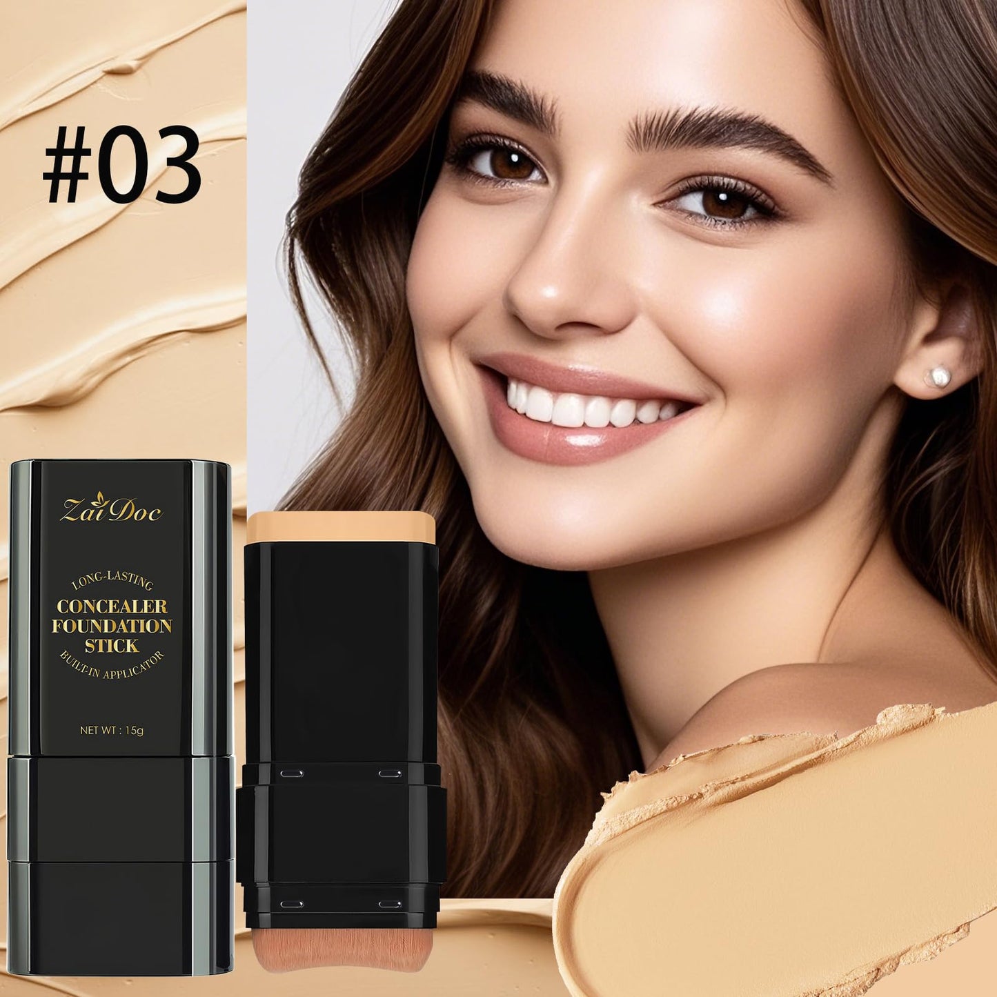 Zaidoc Foundation Stick, Dual-Ended with Brush, 2-in-1 Longwear & Waterproof, Natural Full Makeup Concealer Coverage for Dark Circles & Blemishes with Hydrating Olive & Camellia, 2.09 oz (03#)