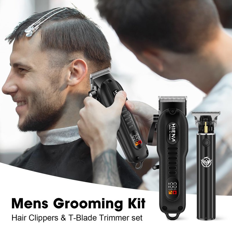 HIENA PRO Professional Hair Clippers Set for Men Cordless Hair Cutting Kit Barber Kit Rechargeable Clippers and Trimmers Set Clipper Set for Barbers with LED Display, Gifts for Men, (Black)