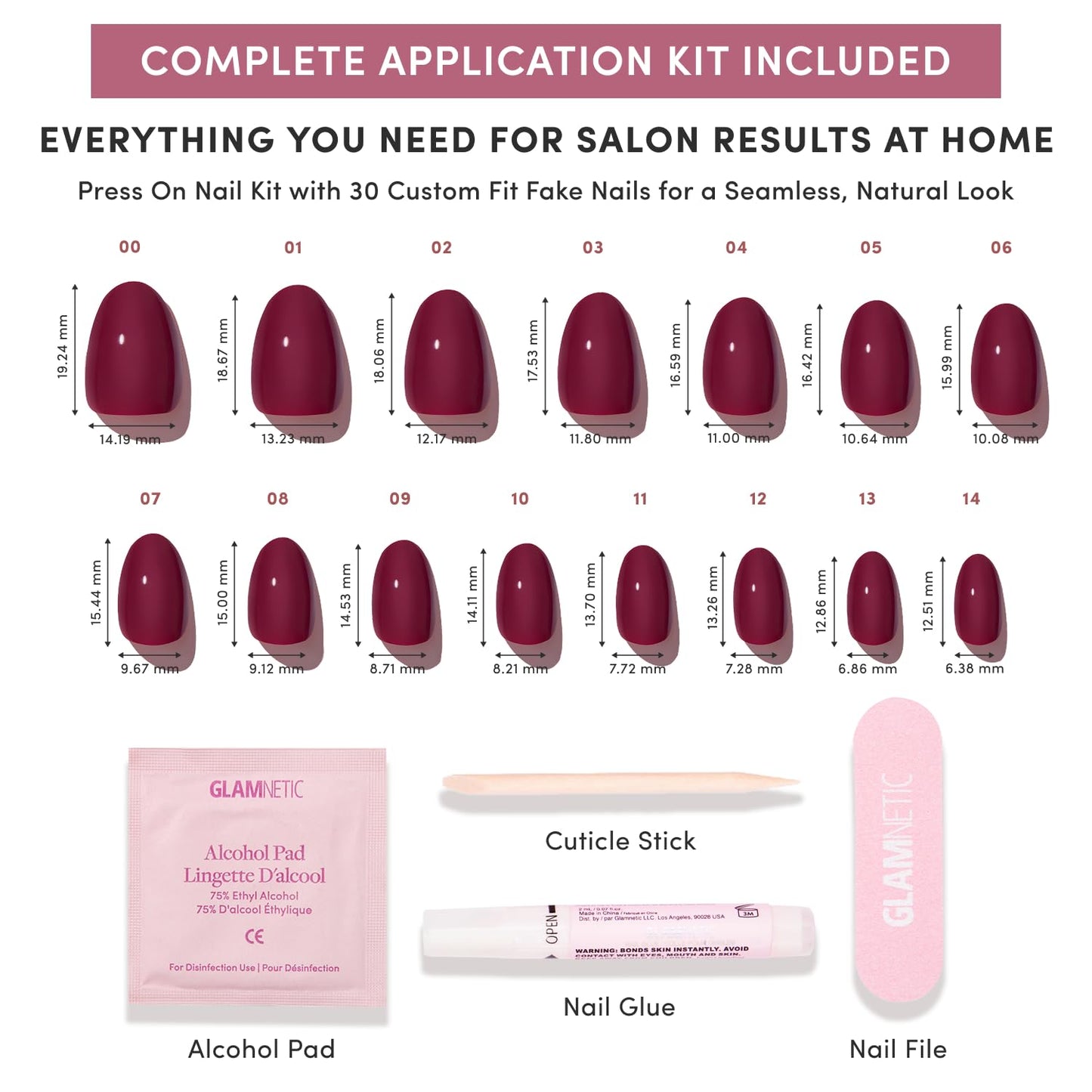 Glamnetic Press On Nails - Short Oval Fake Nails | Glossy Dark Maroon Press On Nails, Salon Quality Kit with Glue | Berry Mood - 30 Nail Set in 15 Sizes
