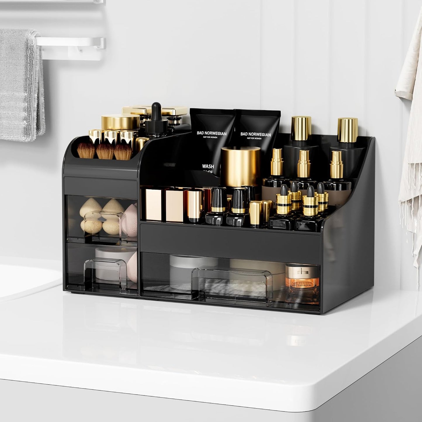 Large Makeup Organizer - Vanity Countertop Storage with Drawers & Brush Holder | Black