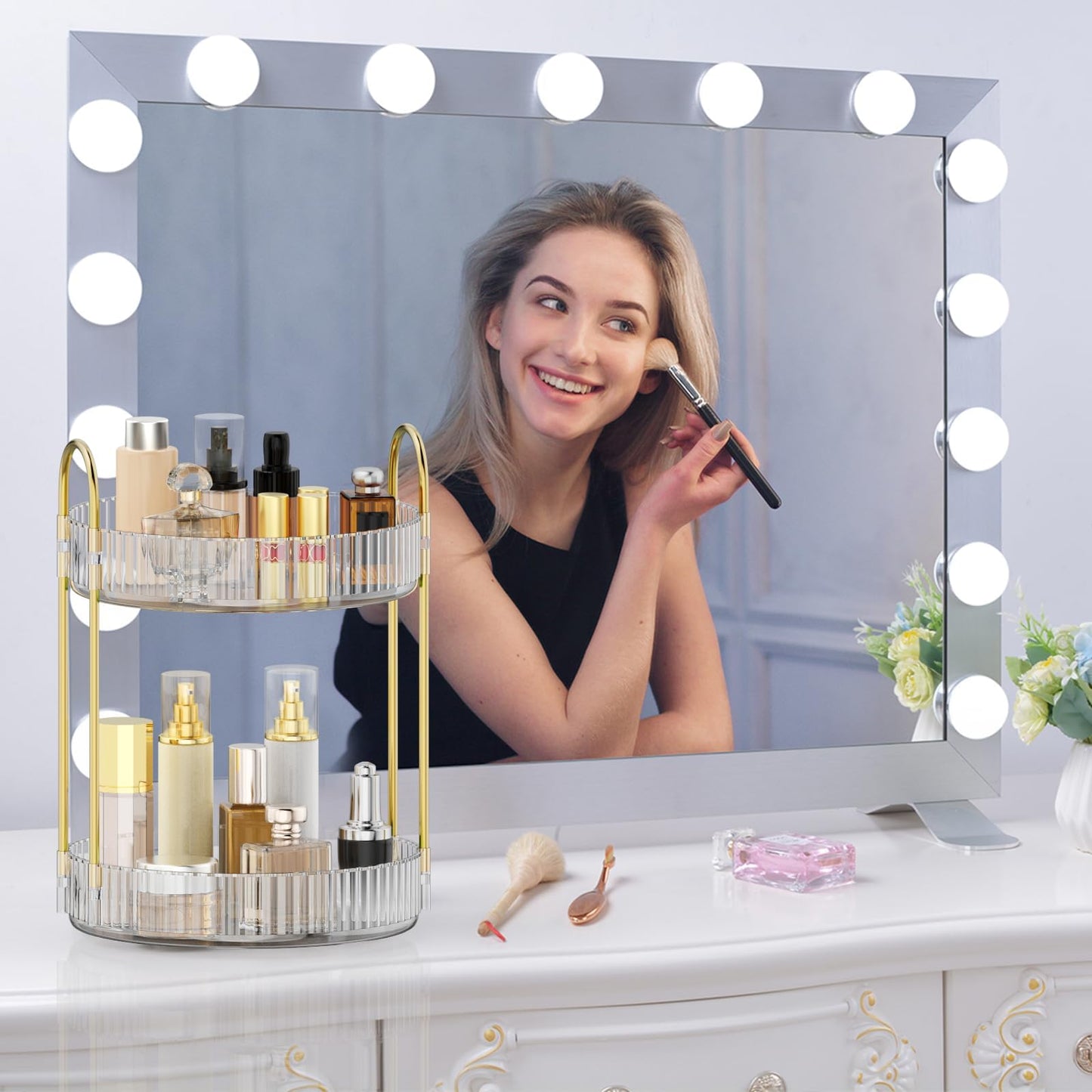 MOKANI 360 Rotating Makeup Organizer for Vanity, 2 Tier Adjustable Perfume Organizer for Dresser, Multi-Function Spinning Cosmetics Skincare Storage for Bedroom, Dresser, Countertop, Clear