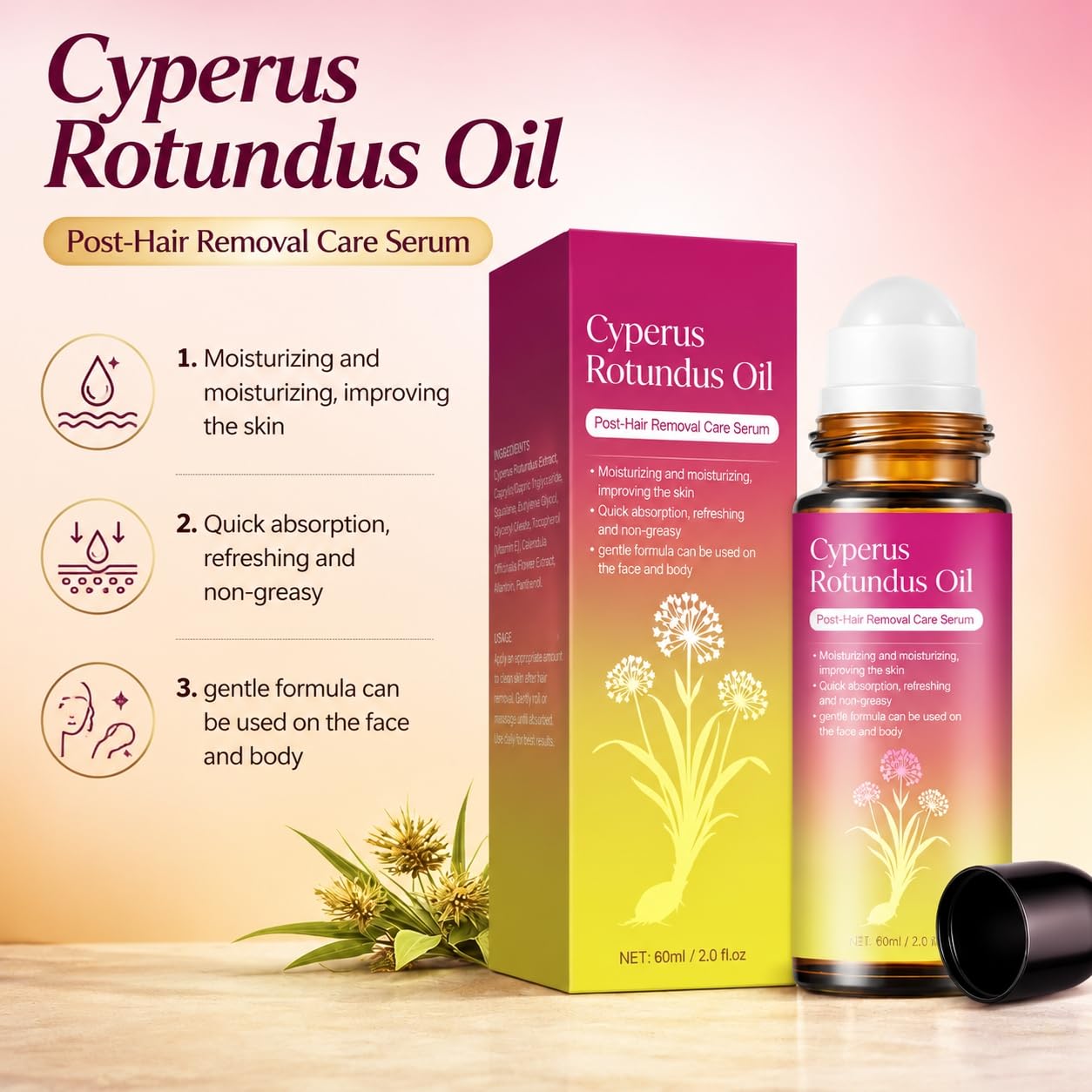 DreamCatching Cyperus Rotundus Oil, Natural for Reducing Body Hair Growth, Hair Removal, Reduces Unwanted Hair Growth, Shrink Pores 2.02 Fl Oz (Pack of 1)