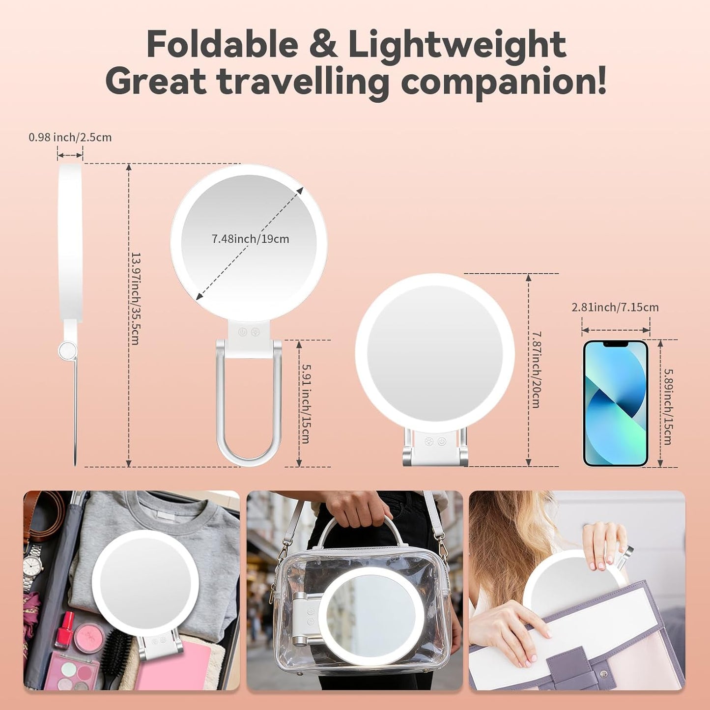 Makeup Mirror with Lights - 1X/30X Magnifying Double-Sided | Adjustable 3 Color Light, Rechargeable 2000mAh