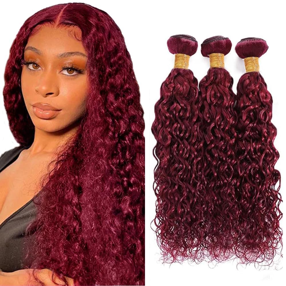 Burgundy Water Wave Bundles Red Human Hair Bundle 24 26 28 Inch 150g/pack Wet and Wavy Bundles Human Hair Extensions Burgundy Bundle