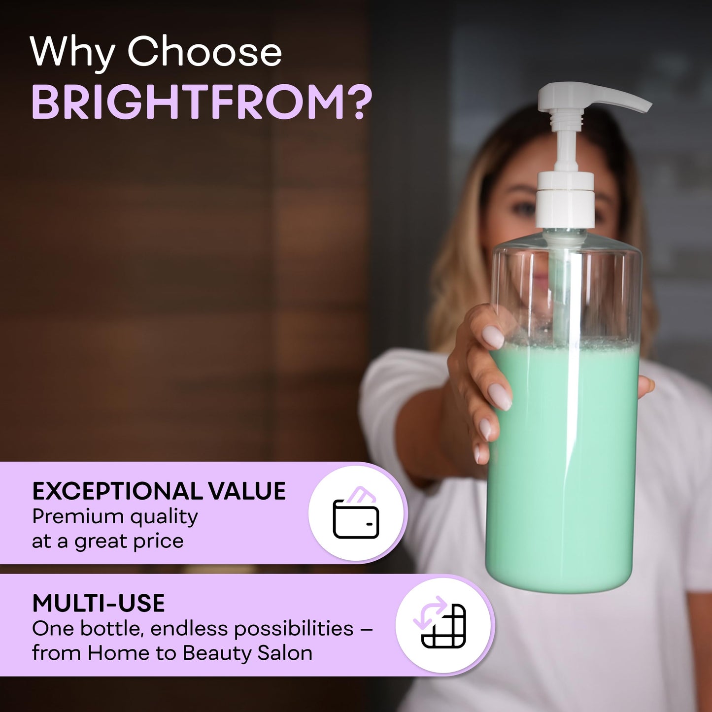 BRIGHTFROM Empty Shampoo Pump Bottles, 32 OZ / 1 Liter, BPA-Free Cylinder Containers, Household & Commercial Use, 2 Pack - Leak Proof