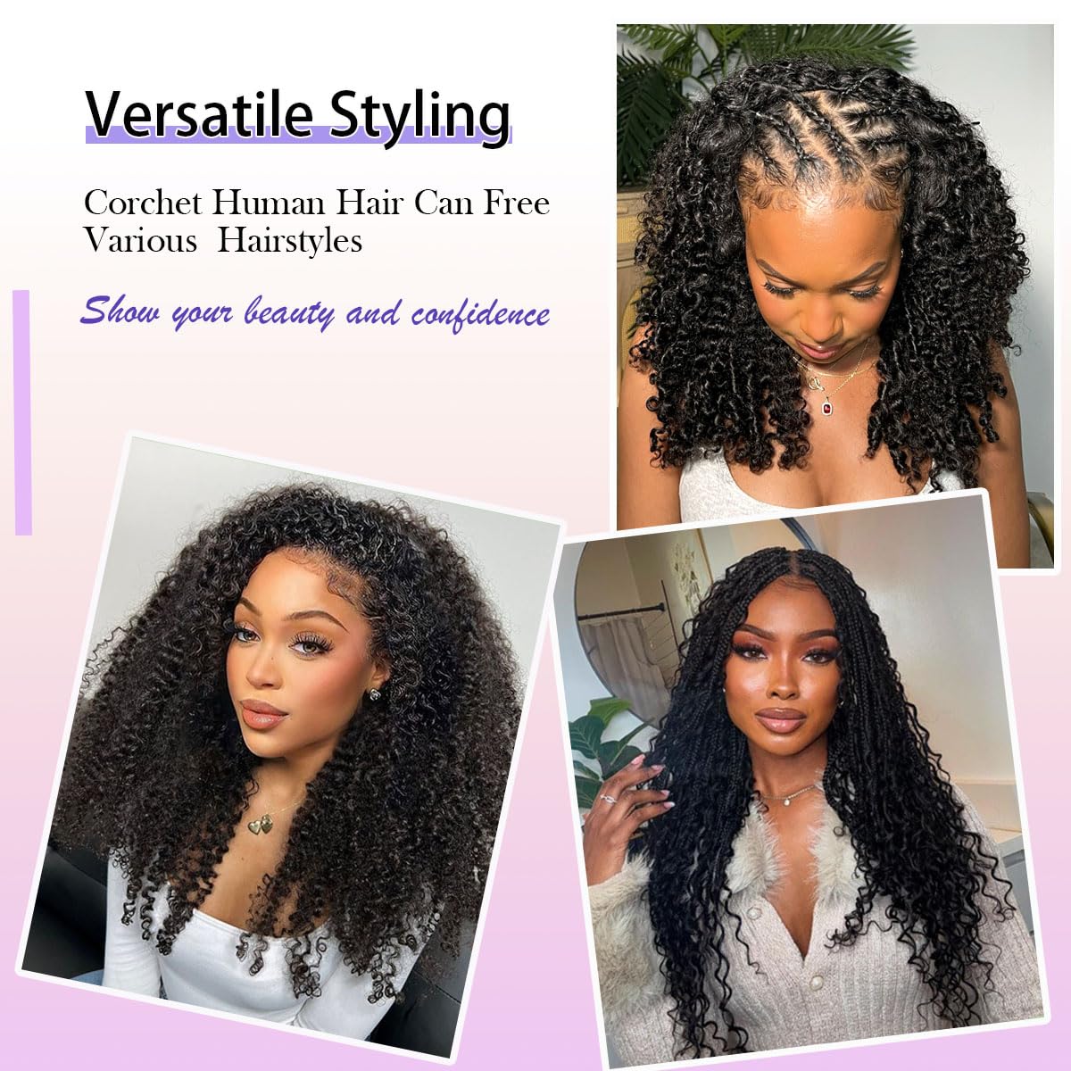 Mnador Burmese Curly Crochet Hair for Black Women 60g Pre-Separated Feather Crochet Human Hair Invisible Knotless Human Crochet Hair Reusable Lightweight Hair Extensions Natural Black 20Inch