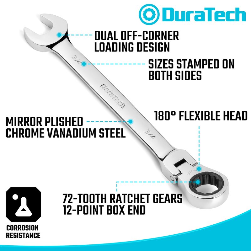 DURATECH Flex Head Ratcheting Wrench Set, Combination Wrench Set, 22-piece, Metric & SAE, 1/4" to 3/4" & 6-18mm, CR-V Steel, Mirror Polished, with Pouch