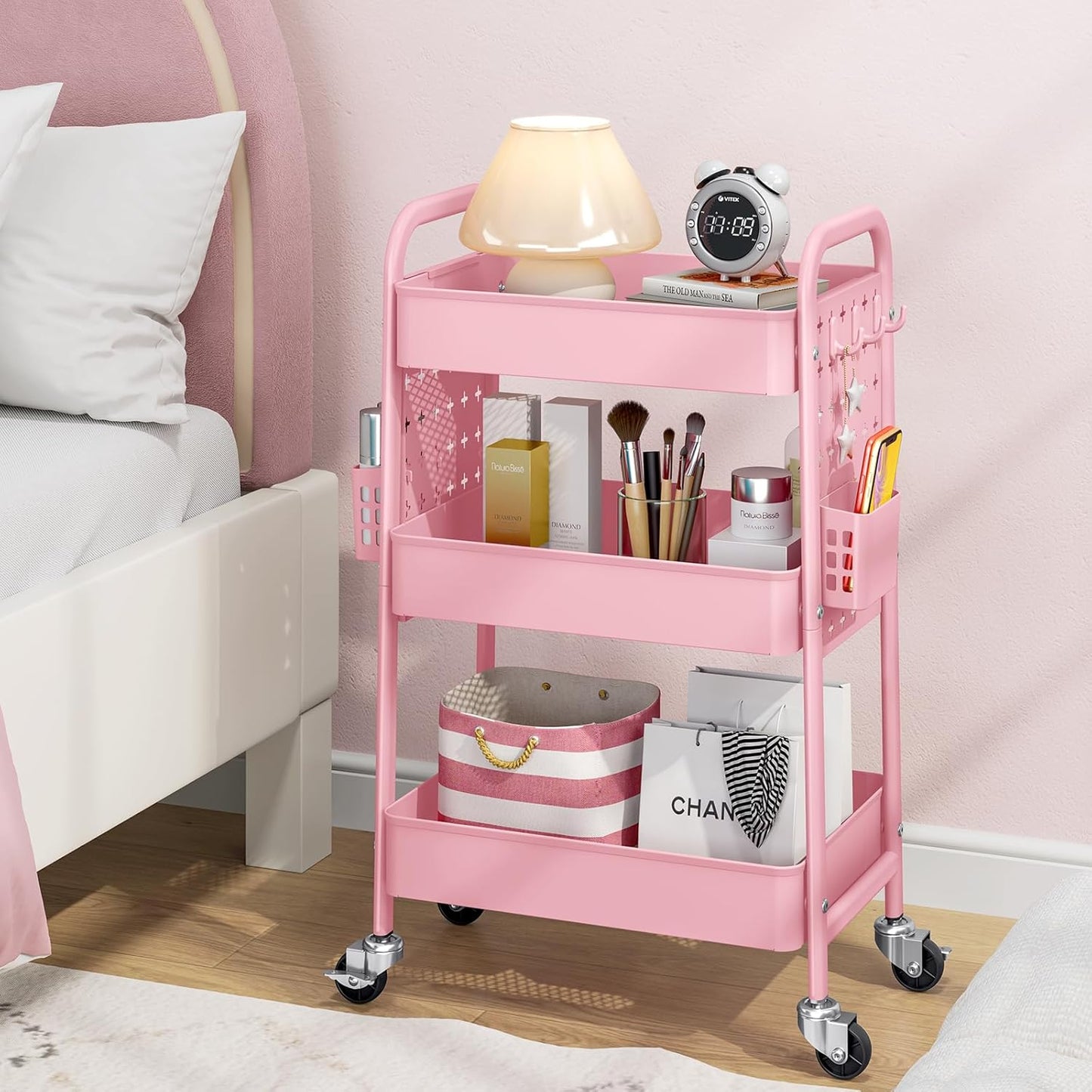 Metal Rolling Storage Cart - 3-Tier Utility Mobile Trolley with DIY Pegboards & Baskets | Pure Pink