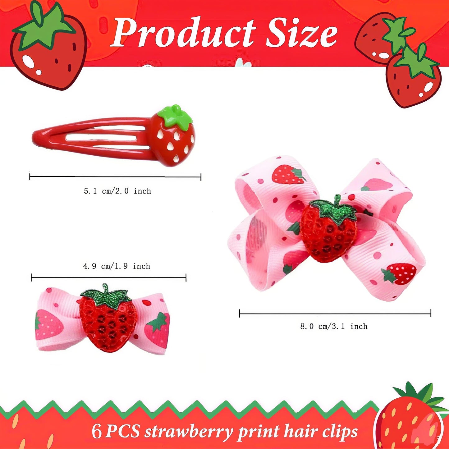ZANWELL 6Pcs Strawberry Hair Clips Strawberry Hair Accessories for Girls - Pink Hair Bows Fruit Hair Barrettes, Allergen-Free Metal, Non-Slip Girl Hair Bows for Toddlers Kids and Teens Gifts