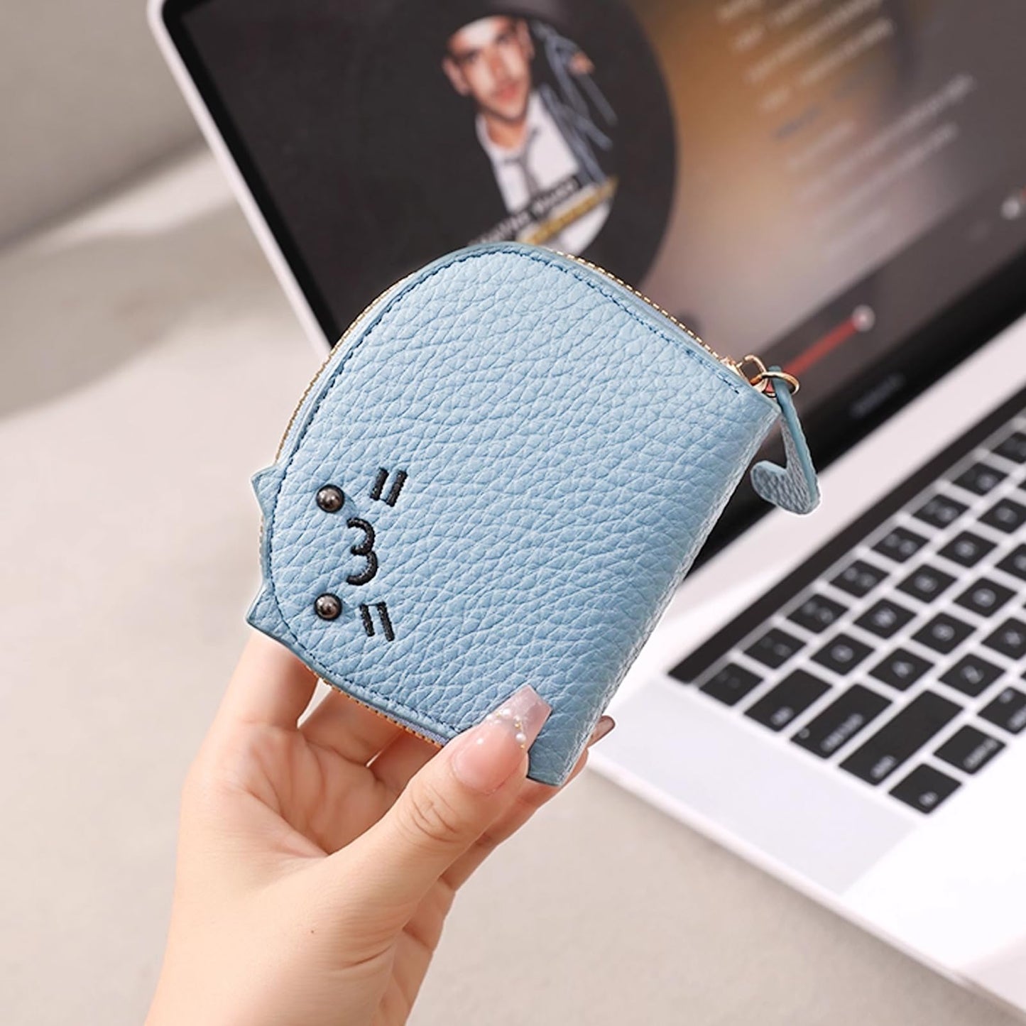 Elegant Cat-Themed Coin Purse for Women | Stylish Litchi Pattern with PU Card Holder | Perfect as a Cat Wallet or Change Purse Blue