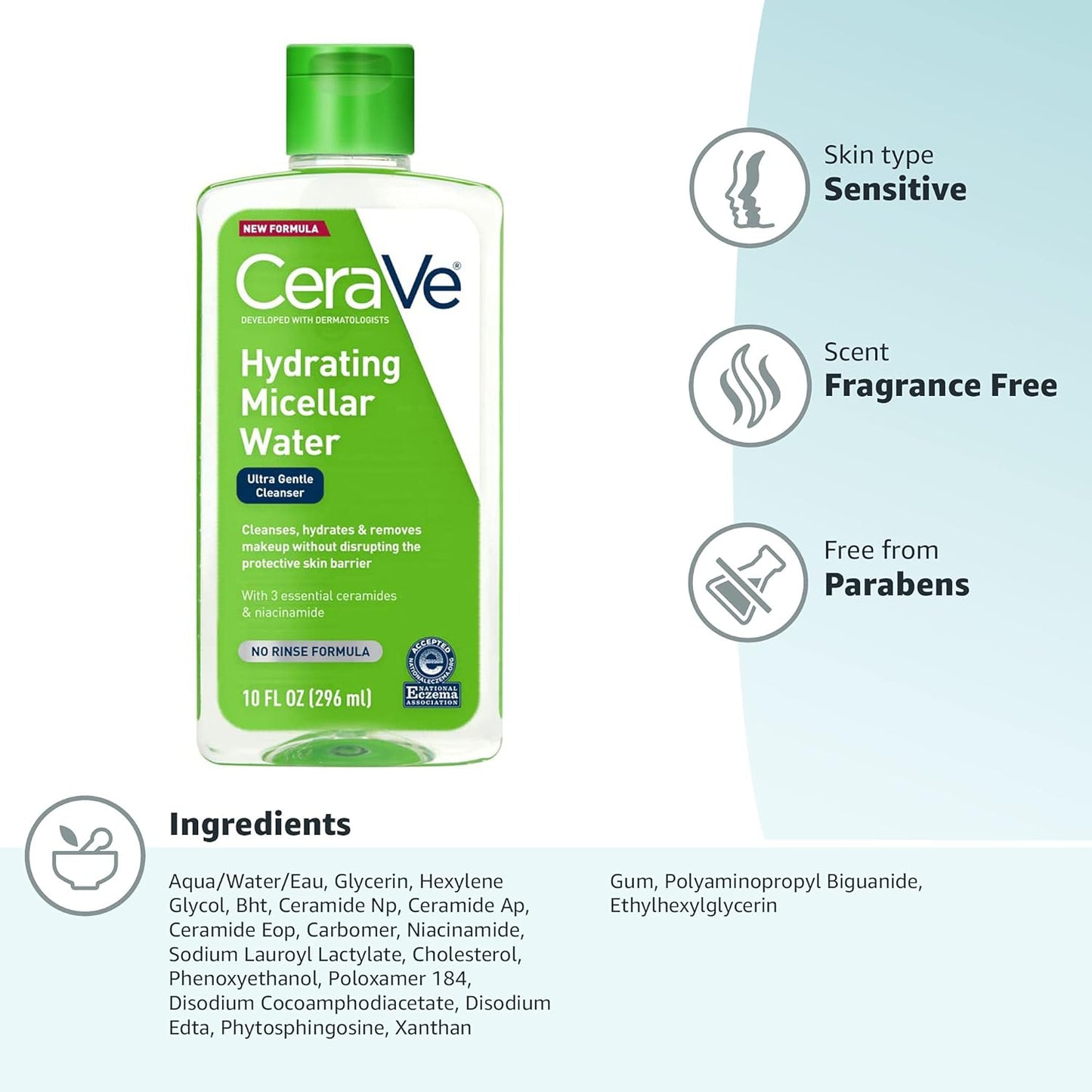 CeraVe Micellar Water - Hydrating Facial Cleanser & Eye Makeup Remover with Niacinamide | 10 Fl Oz, Fragrance-Free