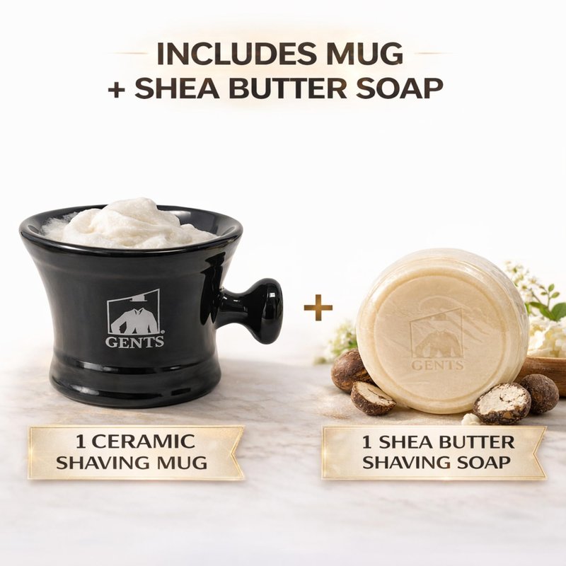 G.B.S GENTS Heavy Duty Black Ceramic Shaving Bowl, Mug with Natural Shave Soap – for use with up to 3” Shaving Soaps and Lathering Shave Cream Cup – Pommel Handle (Black)