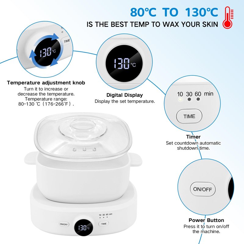 Wax Warmer for Hair Removal, Adjustable Temperature, Digital Display Professional Hot Wax Warmer Pot with Silicone Bowl, Timer setting，white