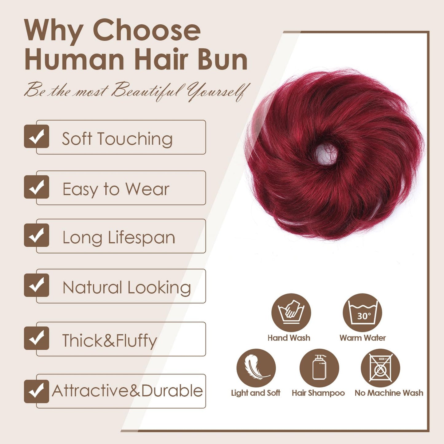 KISANOF Messy Bun Hair Piece Human Hair Red Wavy Tousled Stretchy Fluffy Donut Updo Elastic Rubber Band HairPiece Ponytail Extensions for Women(2 Count #99J Burgundy