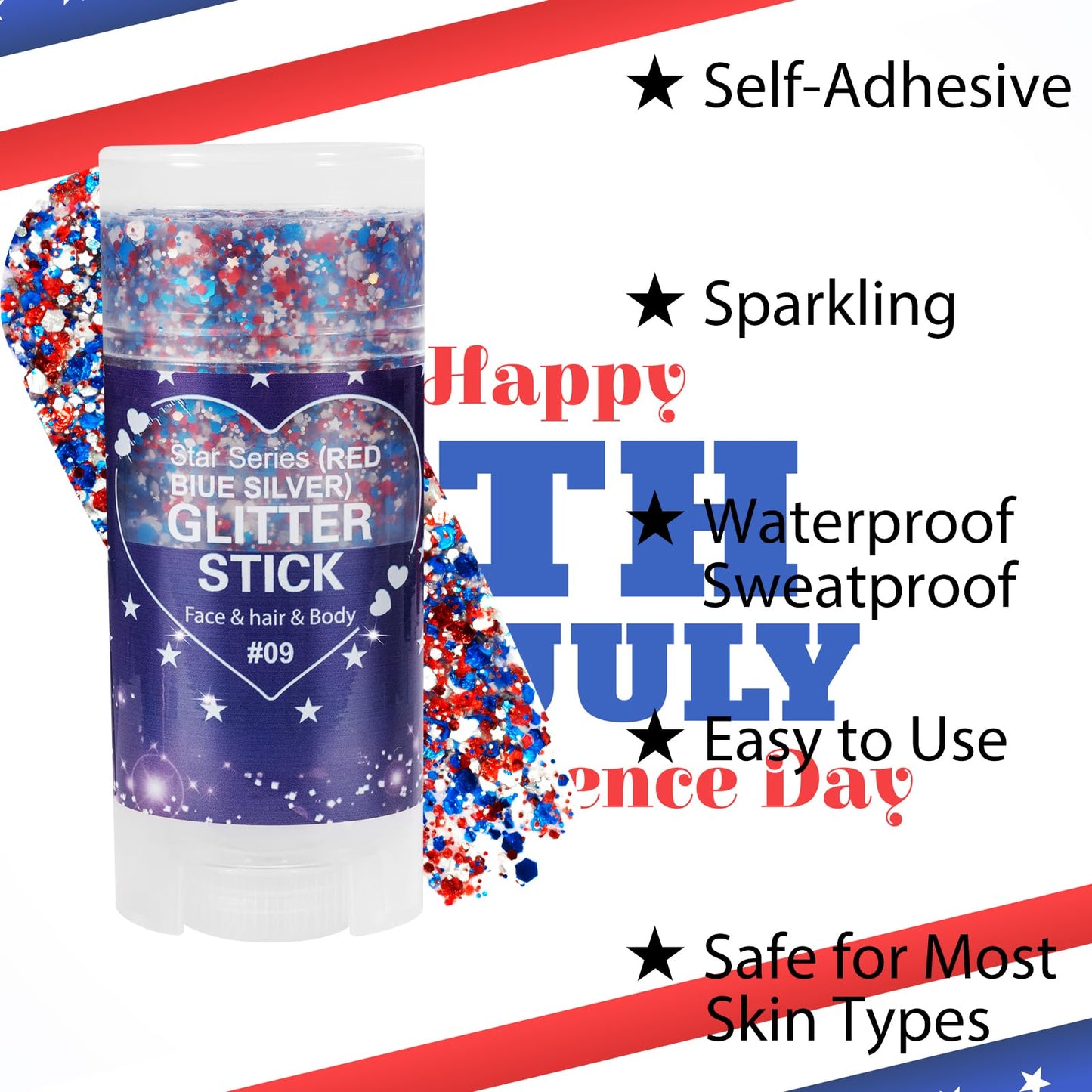 Mysense Red White Blue Face Hair Body Glitter Stick + 6Pcs Glitter Freckles Face Tattoo,4th of July Outfits for Women Kids,Patriotic Accessories for Independence Day Memorial Day American Flag Makeup