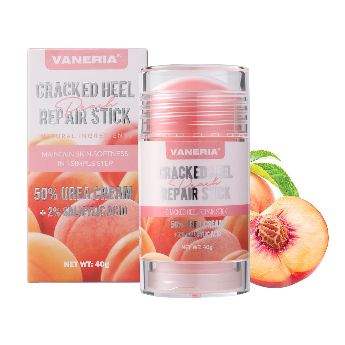 VANERIA 50% Urea Cream Stick - Cracked Heel Repair with 2% Salicylic Acid & Shea Butter | 40g Peach Scent