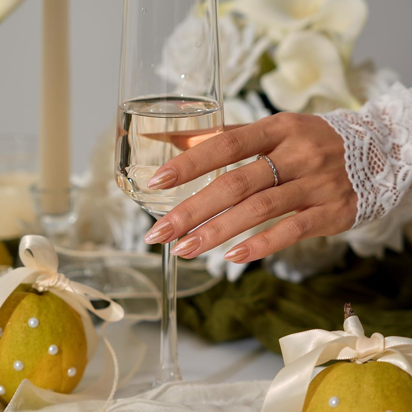 Press On Nails - Champagne Mood Chrome Nude Almond | Easy Application, 16 Sizes, 32 Nails Kit
